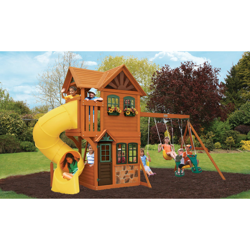 KidKraft Boulder Station Wooden Swing Set / Playset with Tube Slide